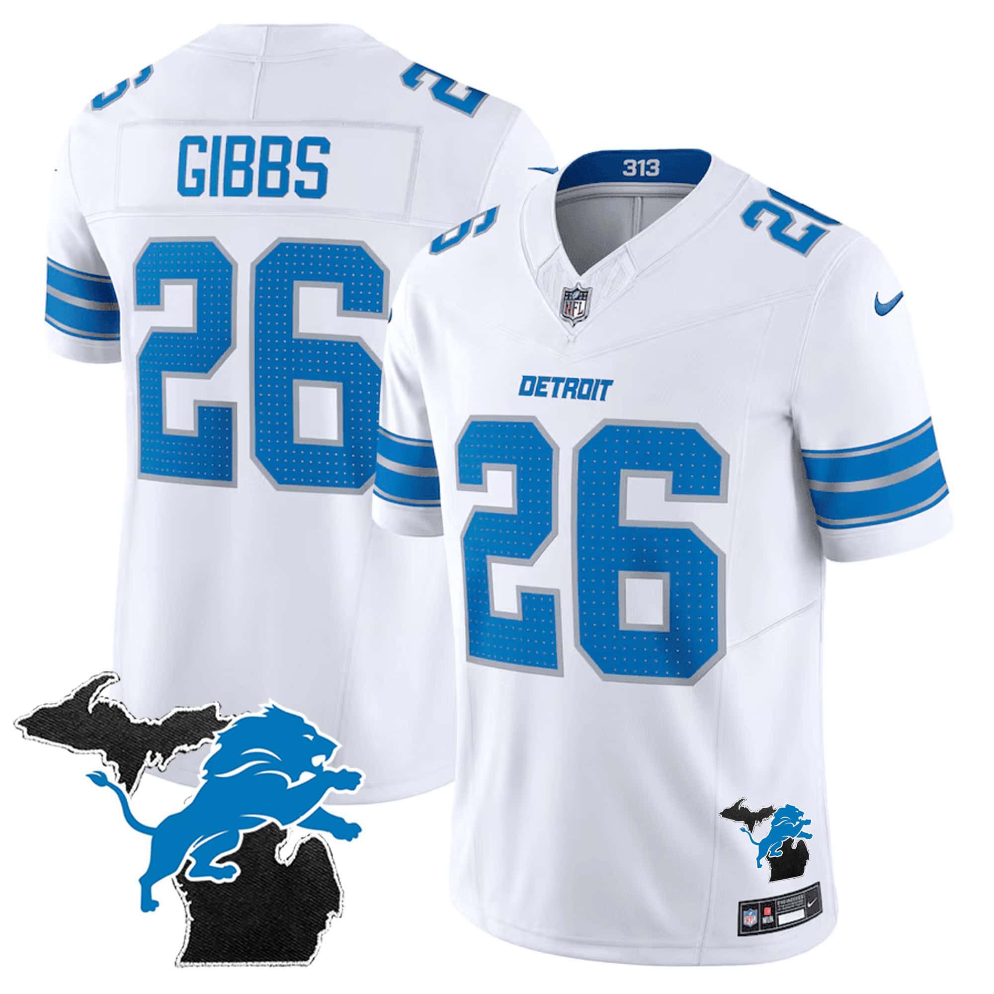 Men Detroit Lions #26 Gibbs White 2024 Nike Michigan Patch Vapor Limited NFL Jersey
